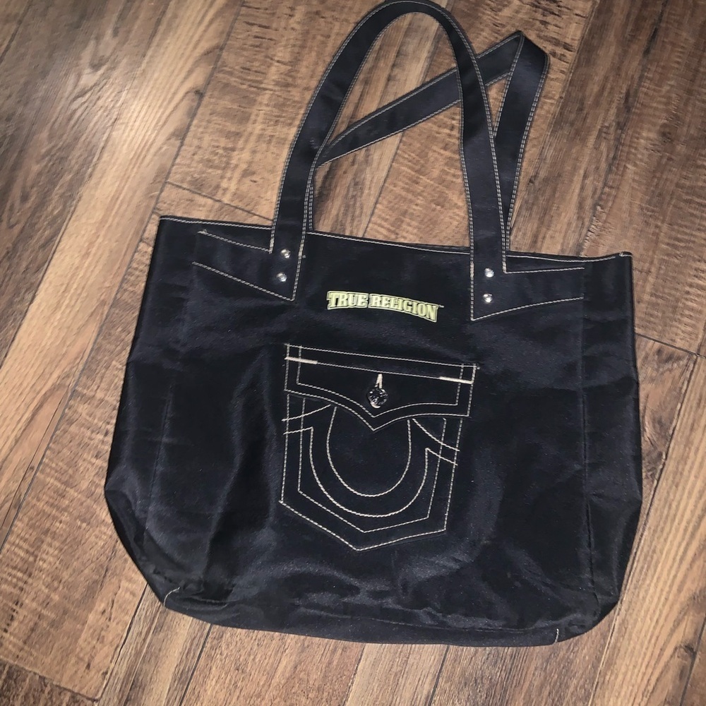 True Religion Black Tote Bag nylon black gray logo pocket boho classic spring